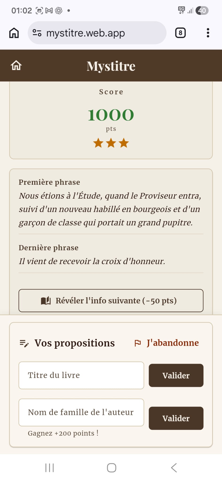 Mystitre — écran de jeu avec indices